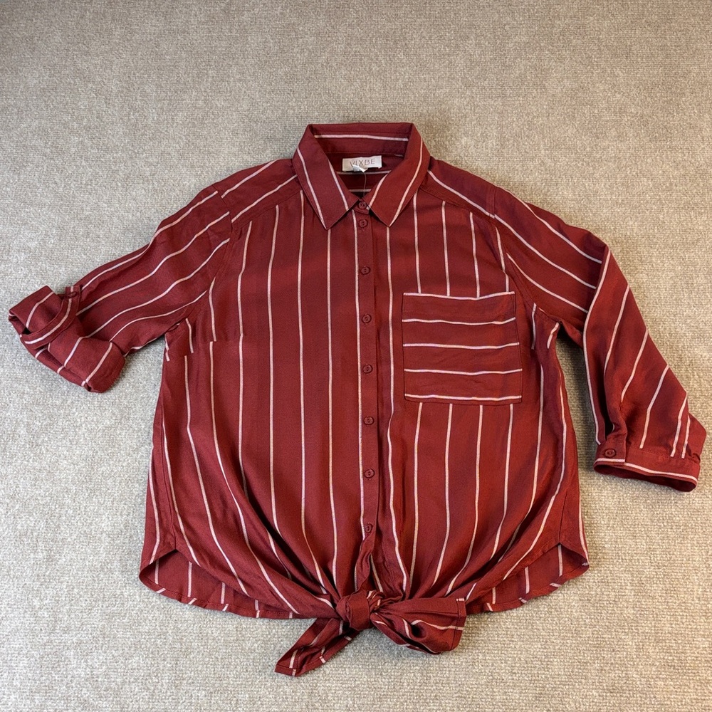 Vixbe Women's Striped Button-Up Tie-Front Collared Blouse - Rust Size S NWT